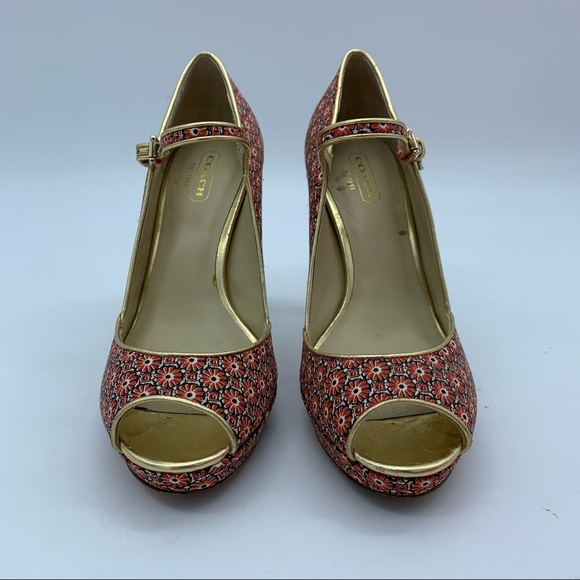 Coach Red and Gold Patterned Heels - Picture 6 of 16